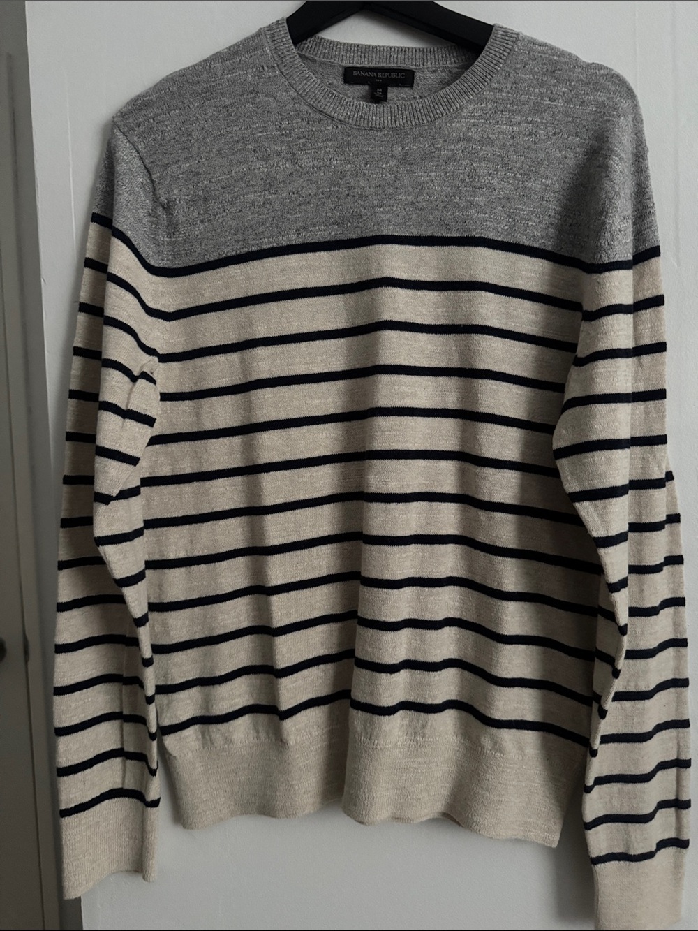Banana Republic Gray, Cream & Navy Striped Crewneck Sweater
